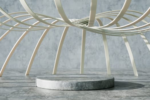 Podium pedestal product mock up display with abstract geometric structures, 3d illustration