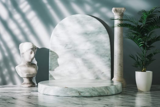 Podium pedestal product mock up display with ancient Greek statue, interior trend Hellenistic appeal, 3d illustration