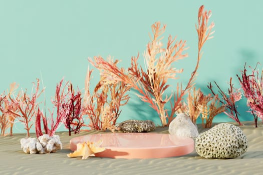 Podium pedestal product mock up display with underwater plants and corals, 3d illustration
