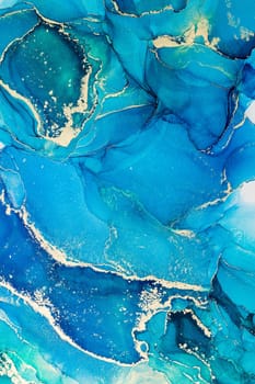 Alcohol ink painting with blue and turquoise colors with gold metallic glitter