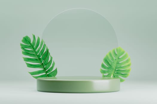 Podium pedestal product mock up display with tropical leaves, 3d illustration