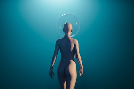 3D illustration of a female humanoid walking in space with a glass dome on her head. She has shiny skin and walks towards the light into the unknown