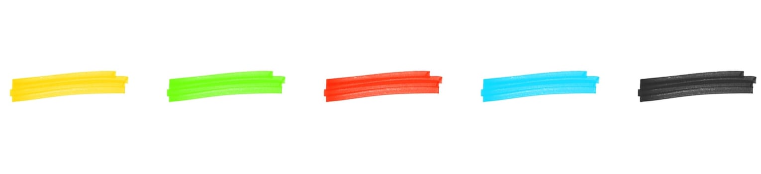Collection of 5 marker templates made with pencil: Yellow, green, red, blue and black