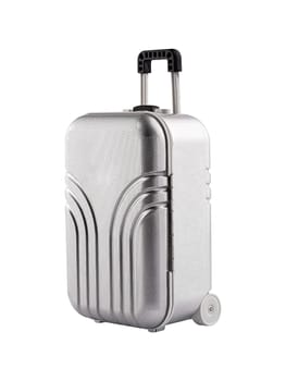 Gray standing closed plastic suitcase with handle and wheels side view isolated