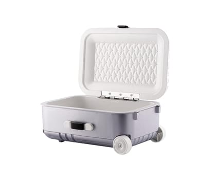 Open empty gray plastic suitcase on wheels isolated