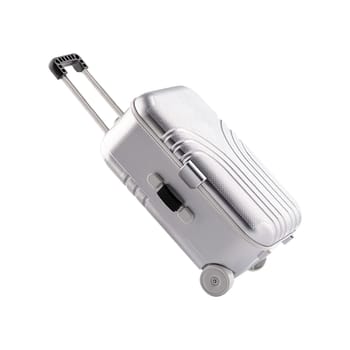 Gray closed plastic suitcase with a handle on wheels in an inclined position isolated