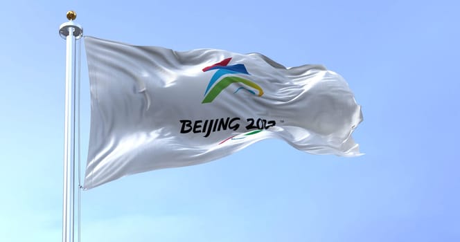 Beijing, CHN, Jan. 2022: Beijing 2022 winter paralympic games flag waving in the wind. Beijing 2022 winter paralympic games are scheduled to take place from 4 to 13 march 2022