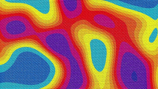 Bright circular stains with 3d render spots and stripes. Tracery on burlap with fuzzy rings and blurry gradient. Abstract decorative installation with modern hypnotic drawning.