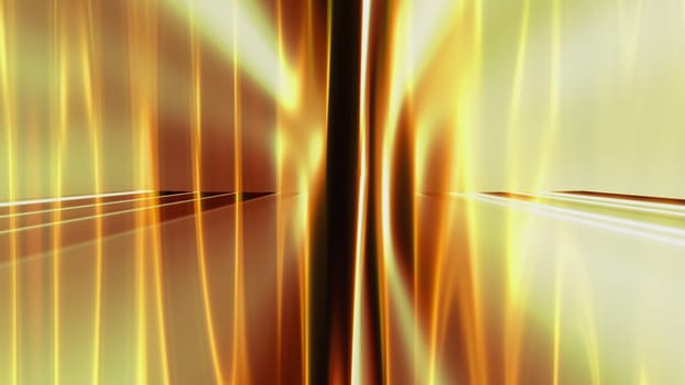 Flowing abstract lines with 3d render wavy curvature and vibrant gradient. Reflecting futuristic stripes from golden water surface. Decorative dynamic interior in digital presentation.