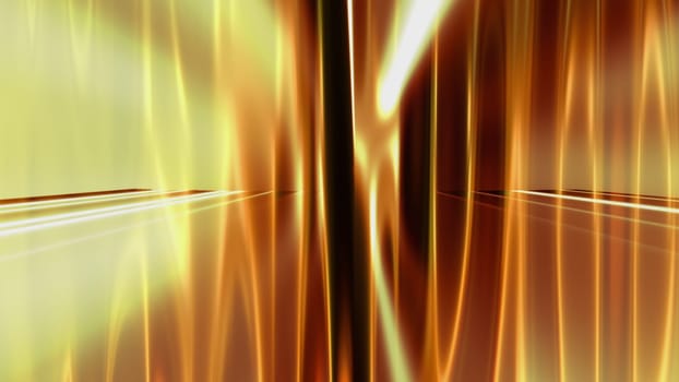 Flowing abstract lines with 3d render wavy curvature and vibrant gradient. Reflecting futuristic stripes from golden water surface. Decorative dynamic interior in digital presentation.