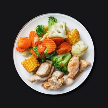 Roasted chicken breast fillet and grilled vegetables on a plate. Top view. Flat lay.