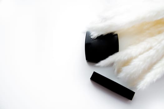 Lipstick and powder are together with fluffy branch of the cane on white background with place for text. High quality photo