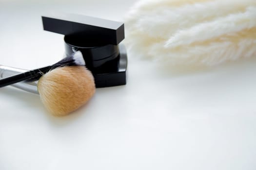 Lipstick, brushes and blush lie together next to fluffy branch of a cane on a white background. High quality photo