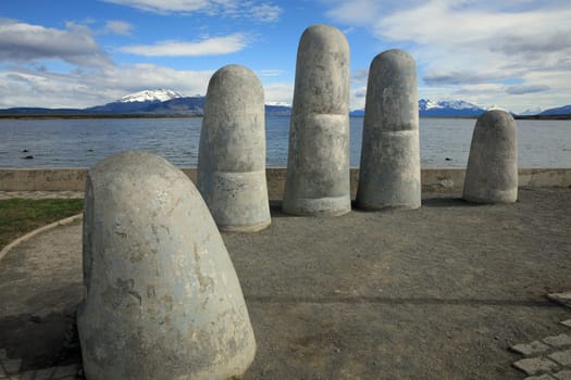 Monumento de la Mano on the Waterfront of Puerto Natales. Patagonia. Chile