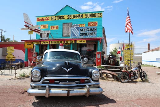 Decorations in the city of Seligman in Arizona at the historic Route 66. USA