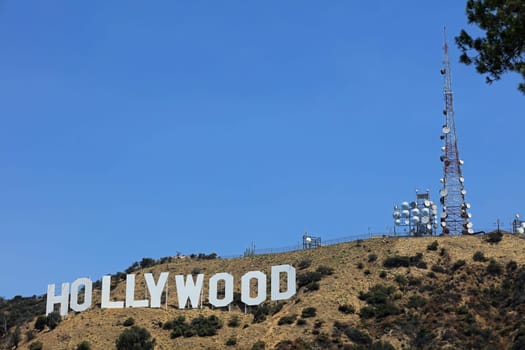 Hollywood Sign on Mount Lee in Los Angeles, seen from Mulholland Drive. USA