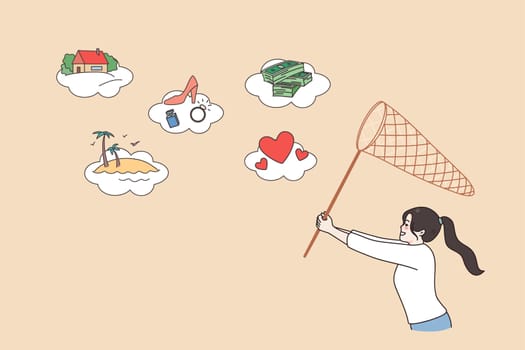 Motivated young woman with net strive for goals achievement. Happy girl with sack run for aim or target accomplishments. Dream or plan, visualization concept. Flat vector illustration.