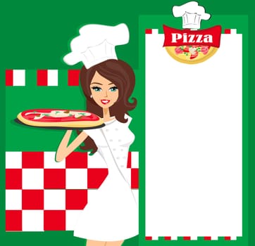 Smiling waitress serving pizza, place for your text