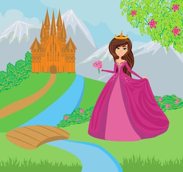 Beautiful young princess in front of her castle
