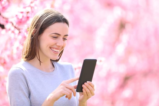 Beauty woman in a pink field checking phone