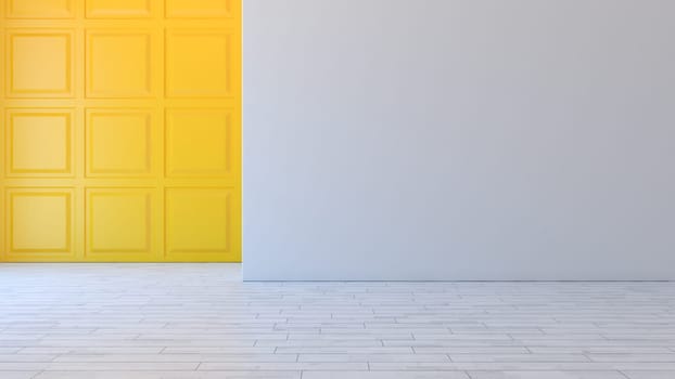 Yellow square decorative wall panels and white wall with wooden parquet empty room concept 3d illustration