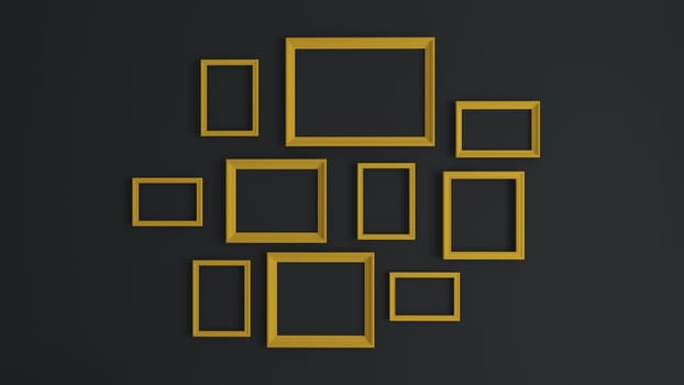 Empty different size picture frames collage dark grey concept with yellow frame 3d rendering