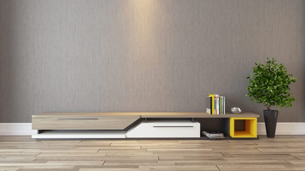 tv room with modern wooden tv unit design concept with wallpaper 3D rendering