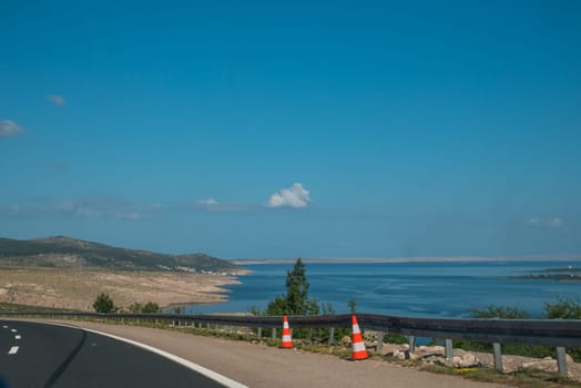 First look on a Adriatic sea on the A1 Croatia motorway, Europa.
