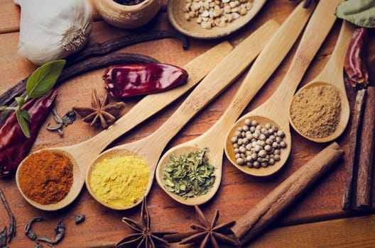 Colorful spices in wooden spoon
