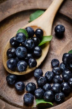 Fresh blueberries in wooden spoon