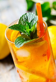 Refreshing ice tea with lemon and mint