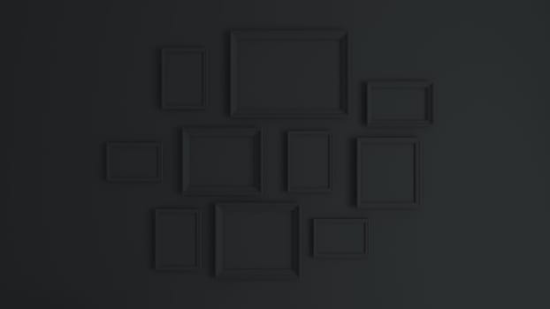 Empty different size picture frames collage dark grey concept 3d rendering