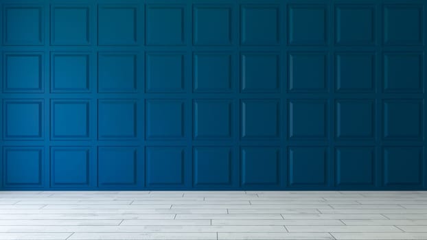 Blue square decorative wall panels with wooden parquet empty room concept 3d illustration