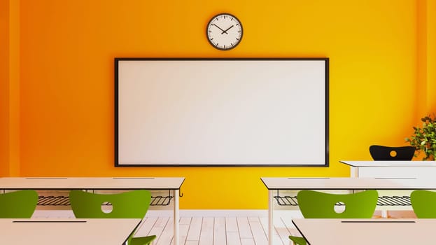 Empty interior of classic school classrooms with white chalk on the yellow wall and green chair 3D rendering