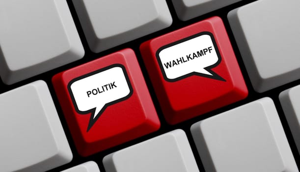 Computer keyboard showing Politics and Election Campaign in german language - 3D illustration