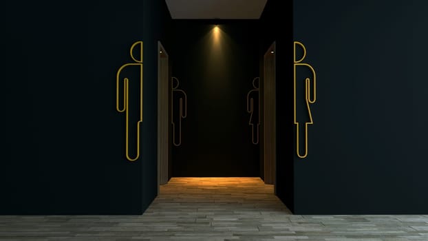 Public toilet entrance in modern cafes and public buildings with black wall and yellow signs 3d illustration