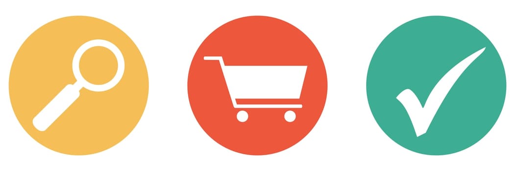 3 colorful buttons showing supermarket, shop or onlineshop with magnifying glass and check mark
