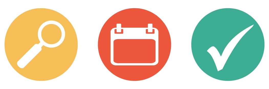 3 colorful buttons showing calendar or appontment with magnifying glass and check mark