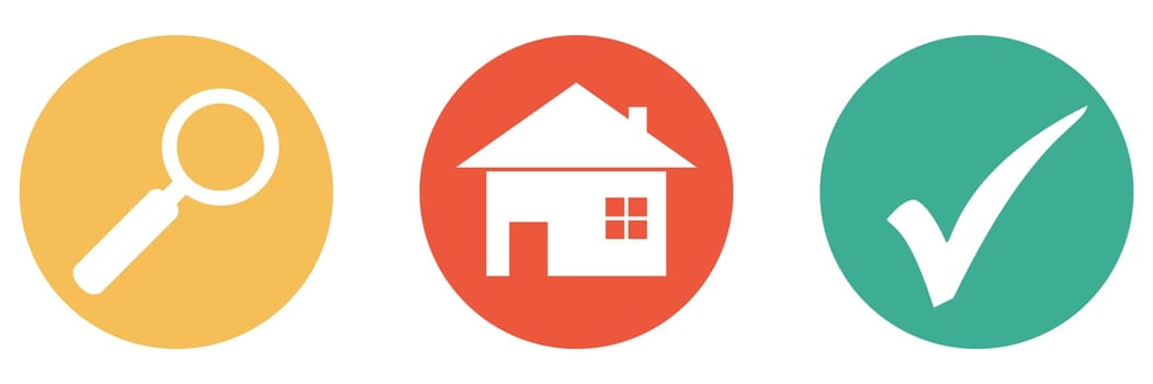 3 colorful buttons showing house or real estate with magnifying glass and check mark