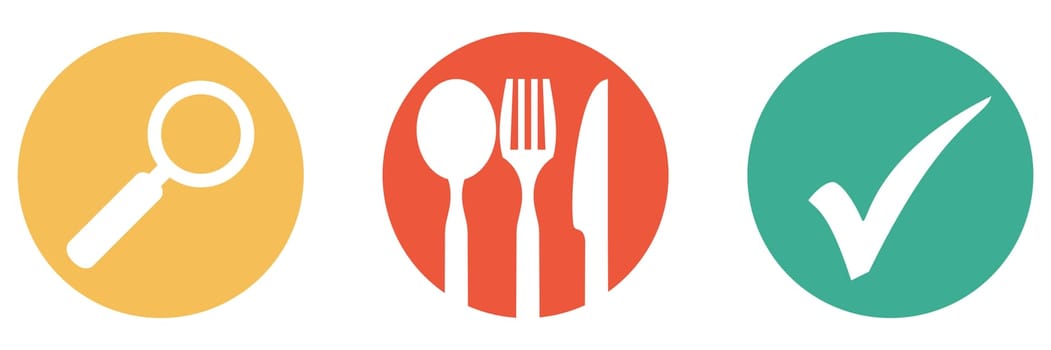 3 colorful buttons showing food or restaurant with magnifying glass and check mark