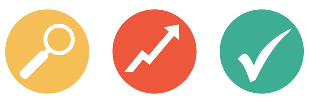 3 colorful buttons showing investment, profit or success with magnifying glass and check mark