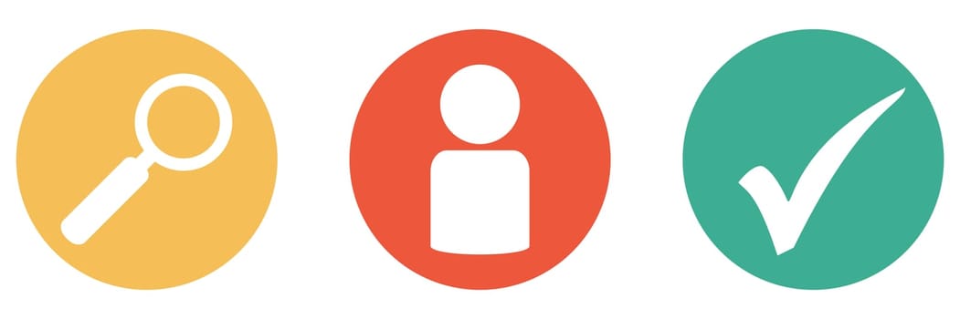 3 colorful buttons showing staff or people with magnifying glass and check mark