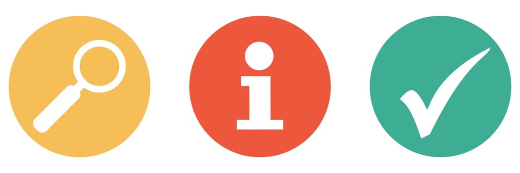 3 colorful buttons showing service, help or information with magnifying glass and check mark