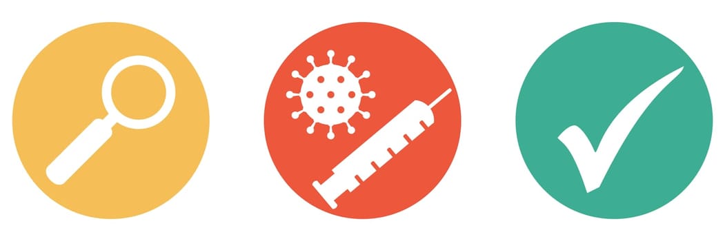 3 colorful buttons showing coronavirus vaccination with magnifying glass and check mark