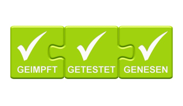 Green puzzle buttons: Vaccinated, tested, recovered in german language