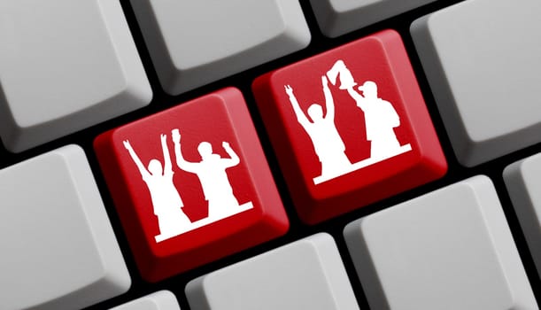 Party or cheering music, sport or soccer fans on red computer keyboard