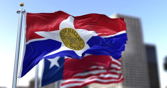 Dallas city flag waving in the wind with Texas state and United States national flags blurred in background