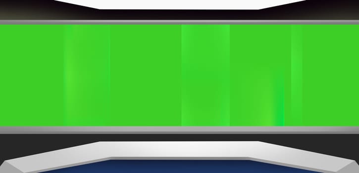 Modern studio space with big screen with chroma key green color, suitable for general news background. 3d illustration