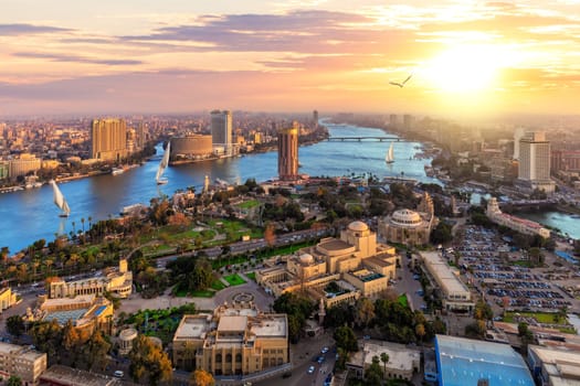 Aerial view on the downtown of Cairo and the Nile at sunset, Egypt.