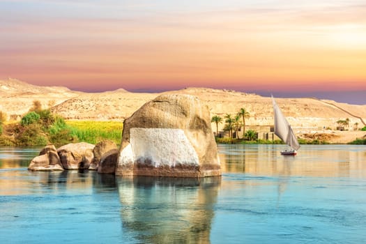 Beautiful Sailboat in the Nile, sunset scenery, Aswan, Egypt